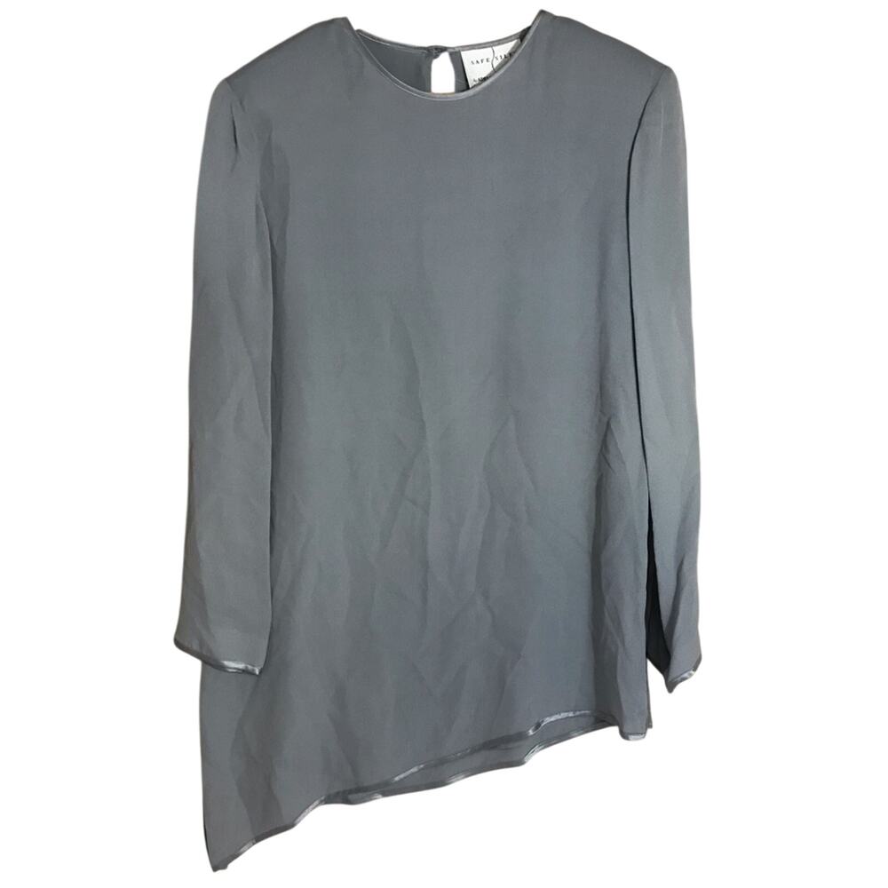 Vintage 100% silk grey asymmetrical blouse top SIZE 10 Safe Silk Adrianna Papell